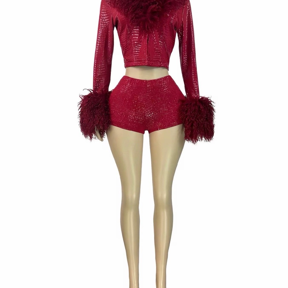 Chic Red Fur Trim Two-Piece Set